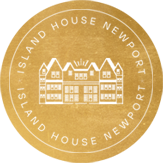 Gold circle logo of Island House Newport with a drawing of the hotel building in the center