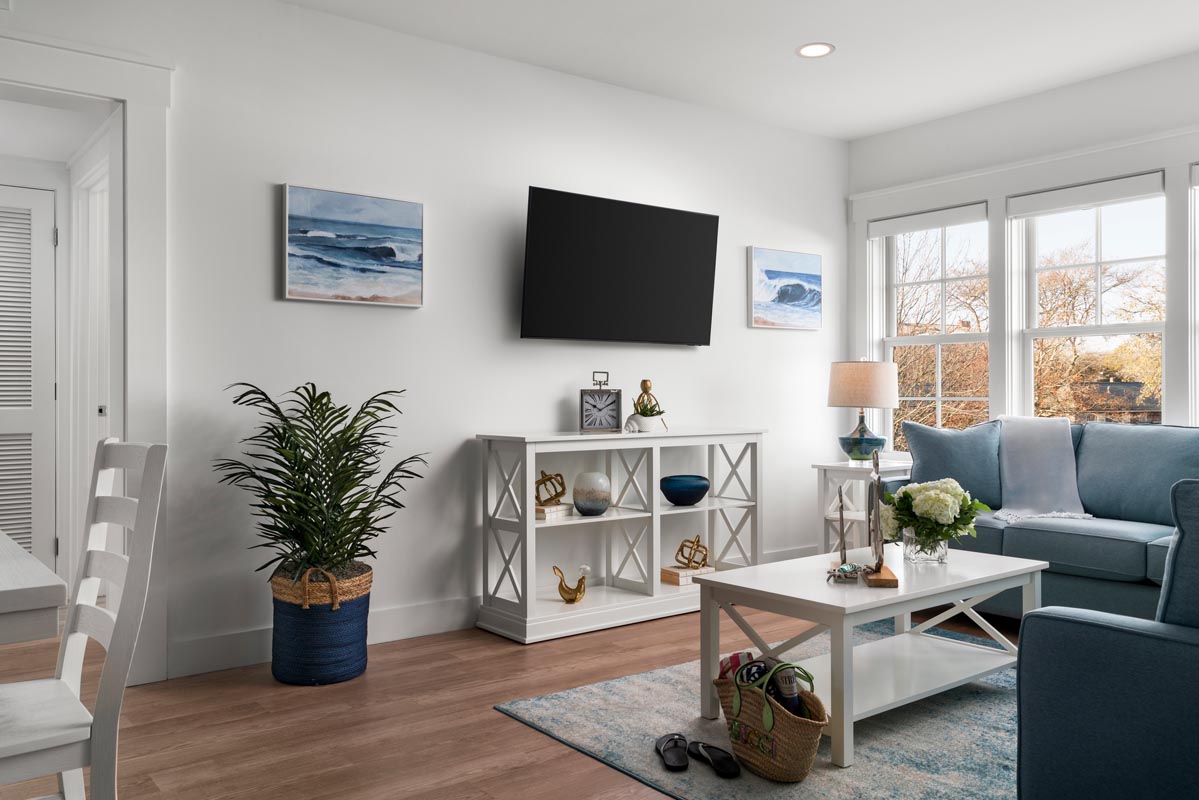 Living room with sofas, coffee table that has a Gucci bag sitting next to it and tv with stand that has pieces of art and a large plant next to it